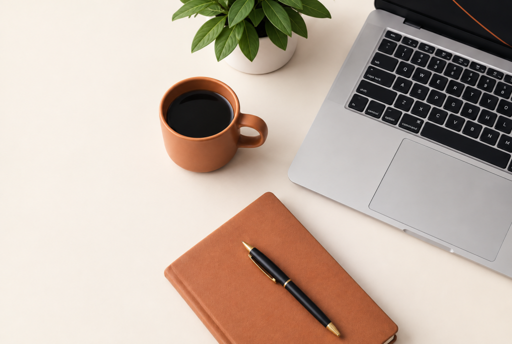 Laptop, coffee cup, notebook, and pen arranged on a bright workspace.